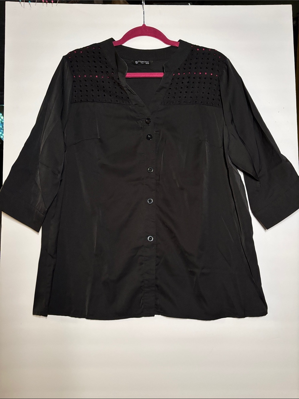 BloomChic Black Button-Front Eyelet Yoke Blouse